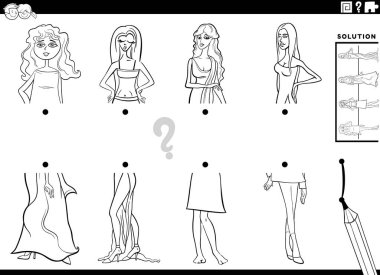 Kadın karakter boyama sayfası ile resimlerin yarısının eşleştirilmesinin eğitici aktivitesinin siyah beyaz çizimi