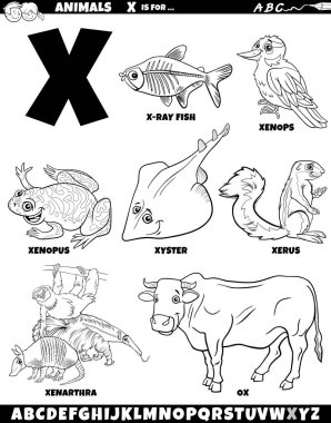 X harfi boyama sayfası için hayvan karakterlerinin çizgi film çizimi