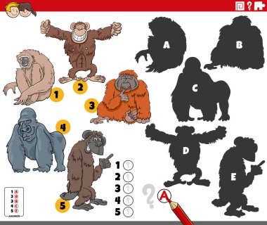 Maymun hayvan karakterleriyle yapılan eğitici oyunun doğru gölgelerini bulmanın çizgi film çizimi