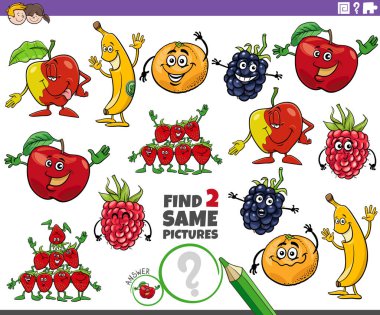 Karikatür çizimi, iki meyve karakterli aynı eğitici aktiviteyi bulmanın çizimi