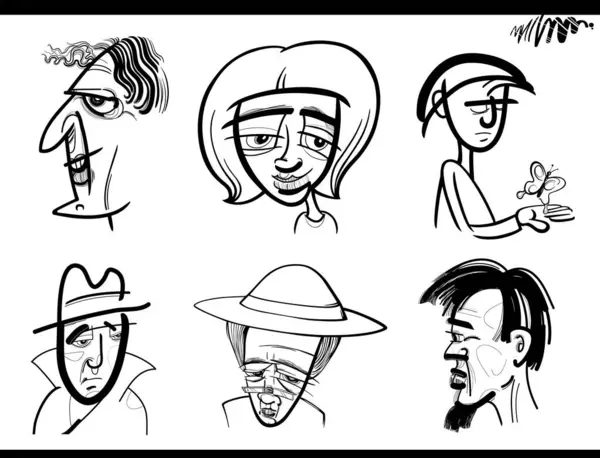 Skizze Karikatur Illustration Reihe Von Menschen Charaktere Ausmalbilder Seite — Stockvektor