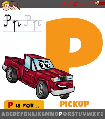 Alfabeden P harfinin eğitici karikatür çizimi ve pikap araç karakteri