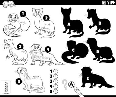 Hayvan karakterleri boyama sayfası olan eğitici oyun resimlerinin doğru gölgelerini bulmanın siyah-beyaz çizimi