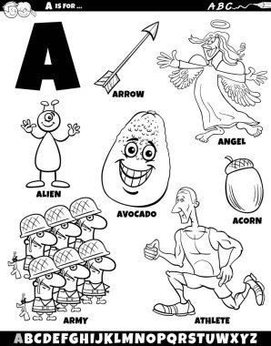 Harf A renklendirme sayfası için ayarlanmış nesneler ve karakterlerin çizgi film illüstrasyonu