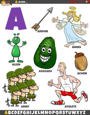 A harfi için ayarlanmış nesneler ve karakterlerin çizgi film çizimi