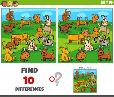 Köpek hayvan karakterleri grubuyla resim eğitimsel etkinlik arasındaki farklılıkları gösteren çizgi film çizimi