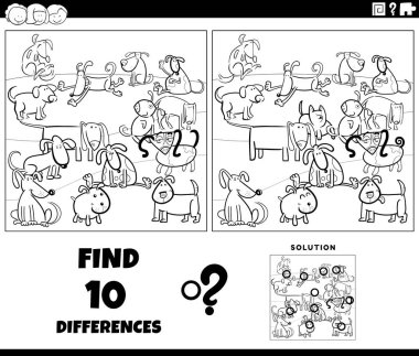 karikatür illüstrasyonu köpek hayvan karakterleri grup boyama sayfası ile resim eğitimsel etkinlik arasındaki farkları bulmak