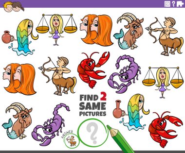 Zodyak işaretli iki aynı resim ve eğitici oyun bulmanın çizgi film çizimi