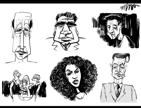 Czarny Biały Szkic Karykatura Ilustracja Ludzi Postacie Portrety Zestaw — Wektor stockowy