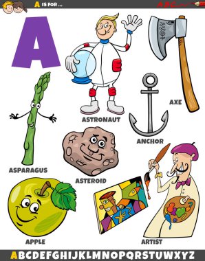 A harfi için ayarlanmış nesneler ve karakterlerin çizgi film çizimi