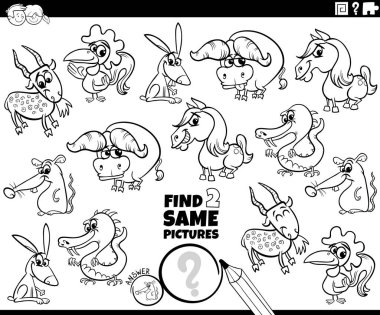 Hayvan karakterlerinin renklendirme sayfası olan iki aynı resim ve eğitici oyun bulmanın çizgi film çizimi