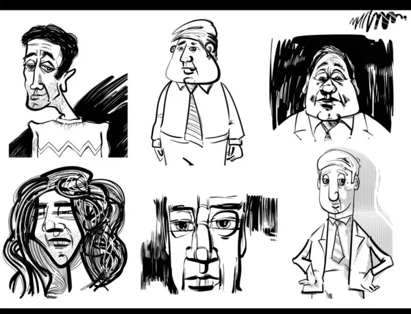 Czarny Biały Szkic Rysunek Ilustracja Ludzi Postacie Karykatura Portrety Zestaw — Wektor stockowy