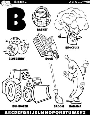 B harfi renklendirme sayfası için ayarlanmış nesneler ve karakterlerin çizgi film çizimi