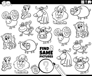 Hayvan karakterlerinin renklendirme sayfası olan iki aynı resim ve eğitici oyun bulmanın çizgi film çizimi