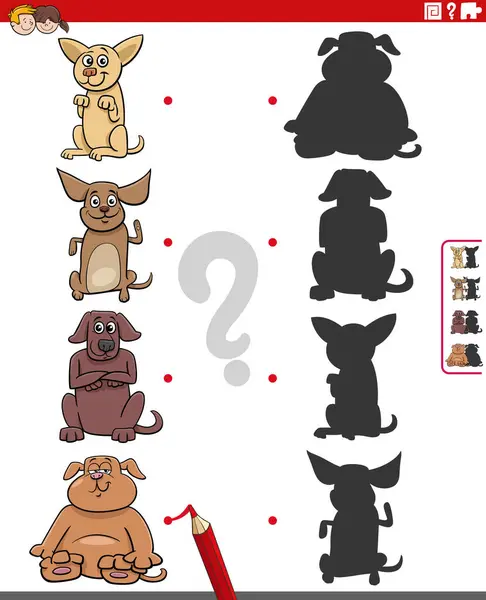 用图画 教育游戏和狗角色匹配正确阴影的卡通画 — 图库矢量图片