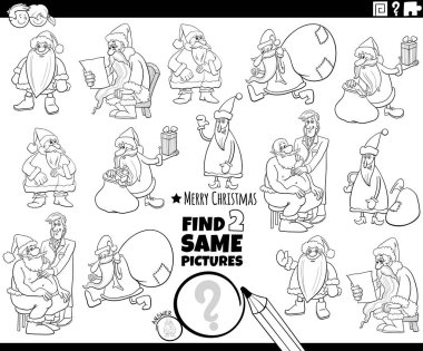 Noel Baba 'nın Noel karakterleri boyama kitabı sayfasında aynı iki eğitici resmi bulmanın siyah-beyaz çizimi