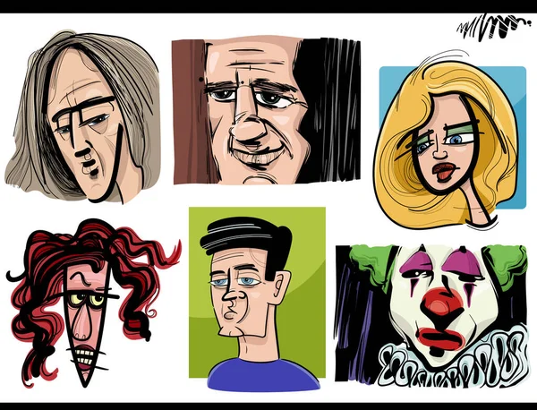 Skizze Cartoon Illustration Von Menschen Charaktere Karikatur Oder Porträts Gesetzt — Stockvektor