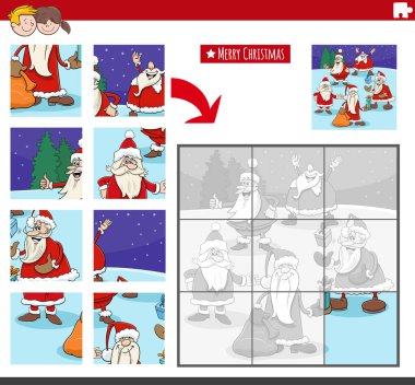 Noel zamanı Noel Baba karakterleri olan çocuklar için eğitici yapboz aktivitesinin çizgi film çizimi