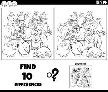 Bears Hayvan Karakterleri Grubu renklendirme sayfası ile resim eğitimsel etkinlik arasındaki farkları bulmanın çizgi film çizimi