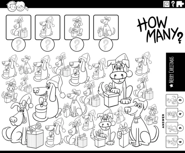 Ilustrasi Kartun Tentang Permainan Penghitungan Edukasi Dengan Karakter Anjing Komik - Stok Vektor