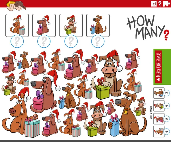 Cartoon Ilustrace Vzdělávací Počítání Hra Komiksovými Psy Zvířecí Postavy Vánoční — Stockový vektor