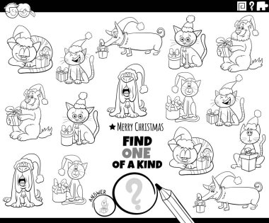 Noel zamanı boyama sayfasında evcil hayvan karakterlerinin yer aldığı eğitici bir resim oyunu bulmanın çizgi film çizimi