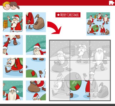 Noel zamanı Noel Baba 'nın karakterleriyle ilgili eğitici yapboz aktivitesinin çizgi film çizimi