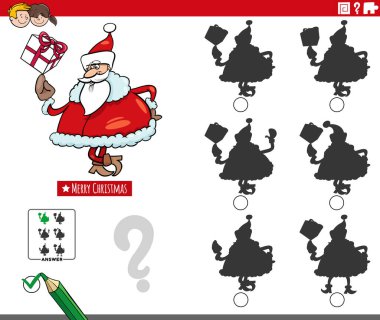 Noel Baba karakterinin Noel zamanı hediyesiyle oynadığı eğitici oyunun gölgesini bulmanın çizgi film çizimi