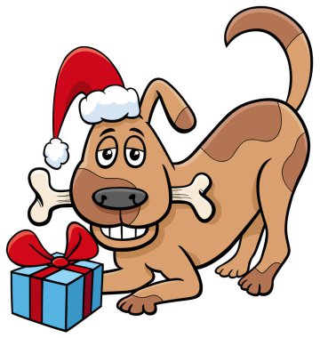 Komik köpek hayvan karakterinin Noel zamanı mevcut ve köpek kemikli karikatür çizimi