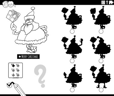 Noel Baba karakterinin Noel zamanı renklendirme sayfasında hediye ettiği gölgeyi farksız bir şekilde bulmanın çizgi film çizimi.