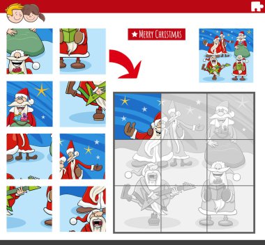 Noel Baba 'nın Noel zamanı karakterleriyle eğitimsel yapboz oyununun çizgi film çizimi