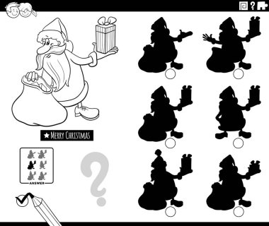Noel Baba karakterinin Noel zamanı boyama sayfasında hediye ve çuvalla oynadığı gölgeyi farksız bir şekilde bulmanın çizgi film çizimi.