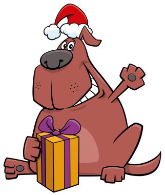 Noel hediyeli komik köpek hayvan karakterinin çizgi film çizimi