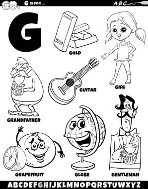 G harfi renklendirme sayfası için ayarlanmış nesneler ve karakterlerin çizgi film çizimi