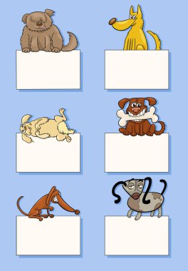 Köpekler ve köpek yavrularının çizgi film çizimleri. Boş kart ya da pankart dizayn edilmiş hayvan karakterleri.
