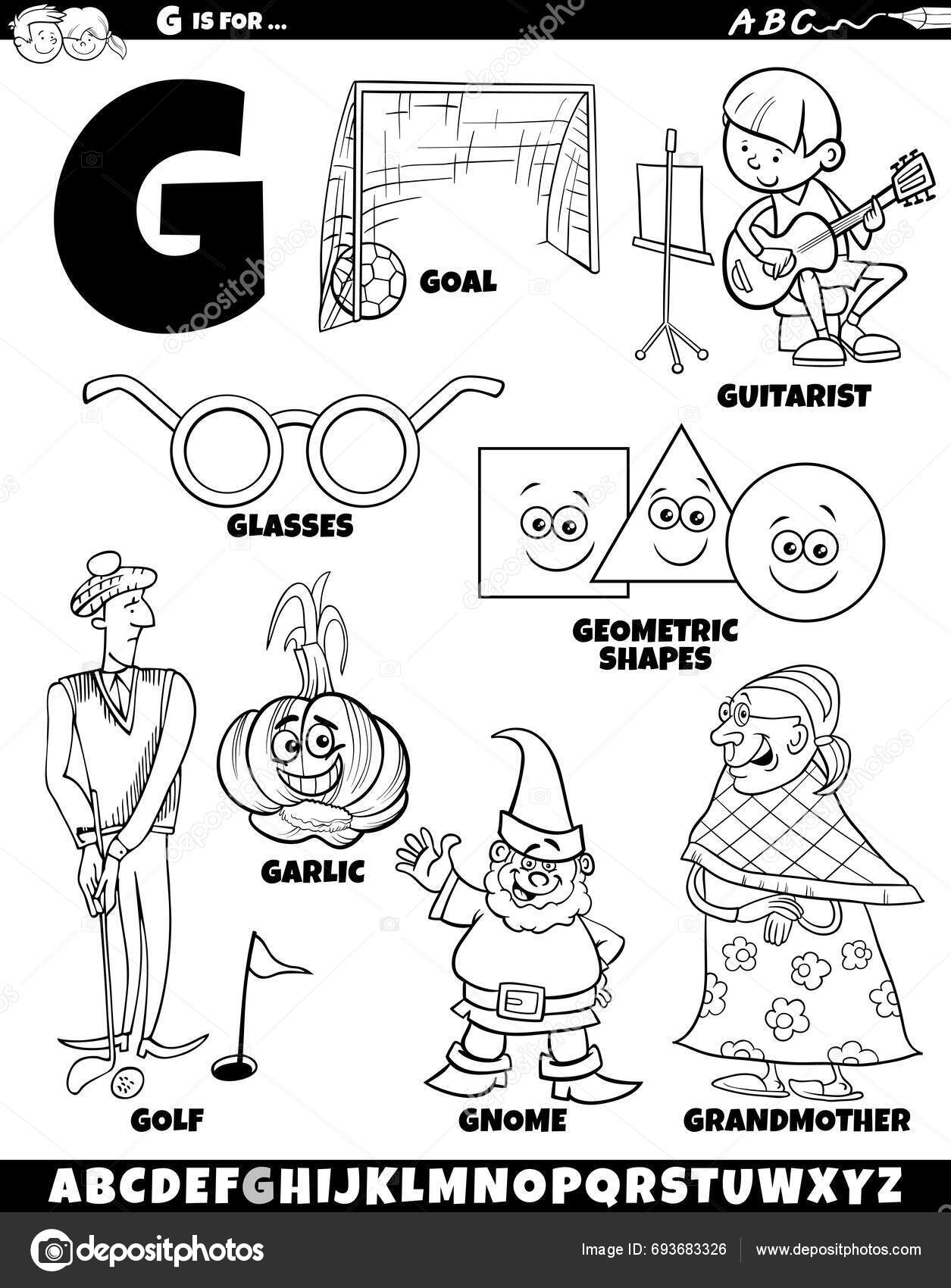 Cartoon Illustration Objects Characters Set Letter Coloring Page Stock ...