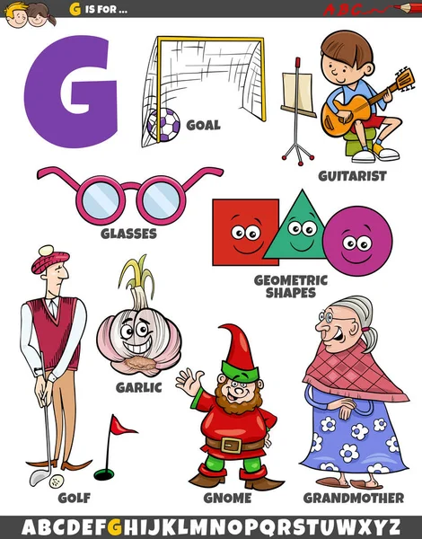 字母G的对象和字符的卡通插图 — 图库矢量图片