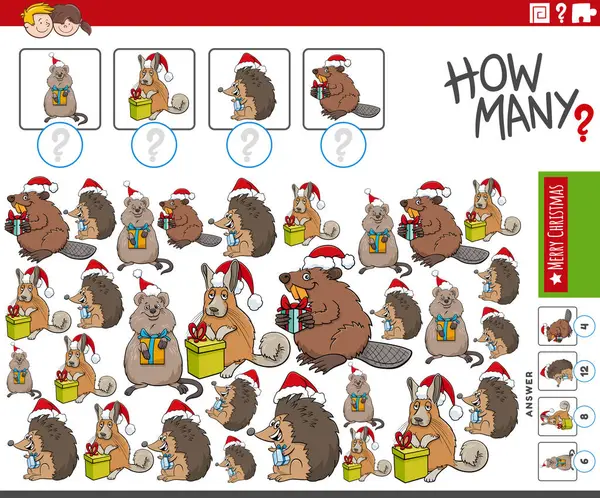 Cartoon Ilustrace Vzdělávací Počítání Hra Komické Zvířecí Postavy Vánoční Čas — Stockový vektor