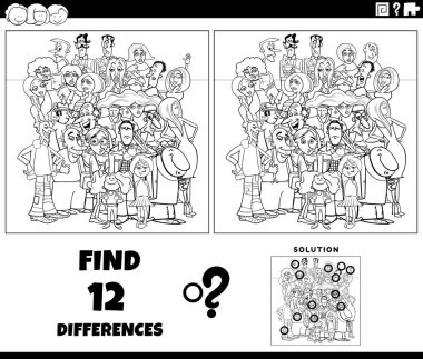 Siyah-beyaz karikatür çizimleri, komik insanlarla birlikte resim eğitimi aktivitesi ve kalabalık boyama sayfası arasındaki farkları gösteriyor.