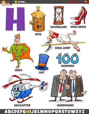 H harfi için ayarlanmış nesneler ve karakterlerin çizgi film çizimi