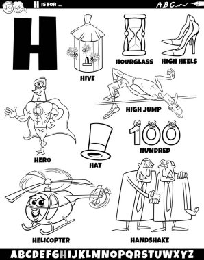 H harfi renklendirme sayfası için ayarlanmış nesneler ve karakterlerin çizgi film illüstrasyonu
