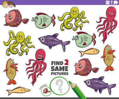 Deniz hayvanı karakterleriyle aynı iki eğitici oyunu bulmanın karikatür çizimi