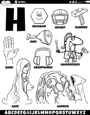 H harfi renklendirme sayfası için ayarlanmış nesneler ve karakterlerin çizgi film illüstrasyonu