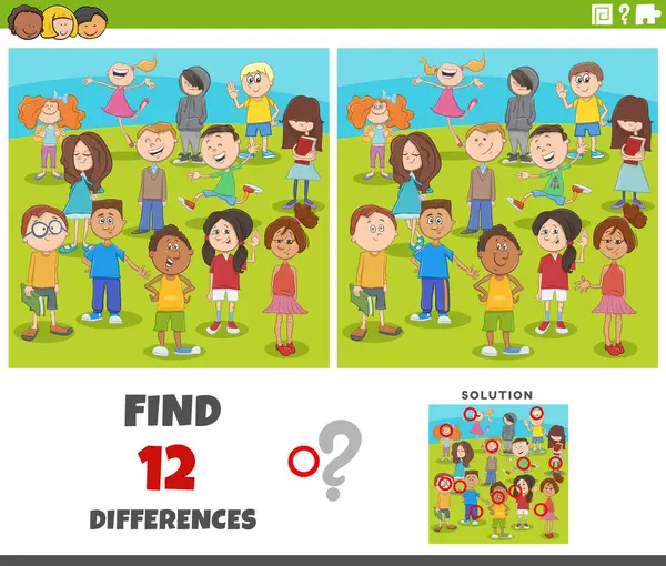 Cartoon Illustration Finding Differences Pictures Educational Game Children Teens Characters — Archivo Imágenes Vectoriales
