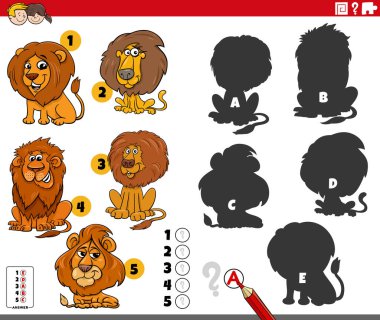 Aslanların hayvan karakterleriyle oynadığı eğitici oyunun doğru gölgelerini bulmanın çizgi film çizimi