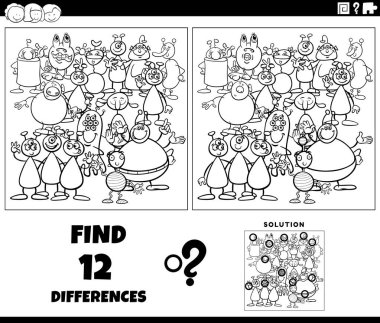 Komik uzaylılarla eğitici resim oyunu ya da yaratık karakterleri grubu boyama sayfası arasındaki farkları gösteren çizgi film çizimi