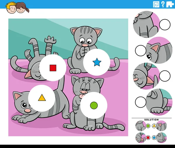 Ilustrasi Kartun Pendidikan Mencocokkan Potongan Permainan Puzzle Dengan Kucing Lucu - Stok Vektor