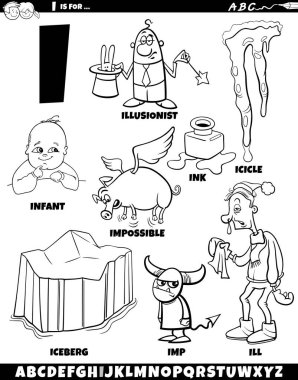 I harfi boyama sayfası için ayarlanmış nesneler ve karakterlerin çizgi film illüstrasyonu