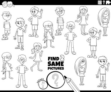 Çizgi film illüstrasyonunda kızlar ve oğlanların aynı iki resimdeki eğitici aktivitesi genç karakterleri boyama sayfası