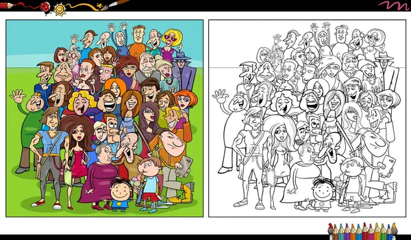 Dibujos Animados Ilustraciones Multitud Divertida Personajes Cómicos Grupo Para Colorear — Archivo Imágenes Vectoriales
